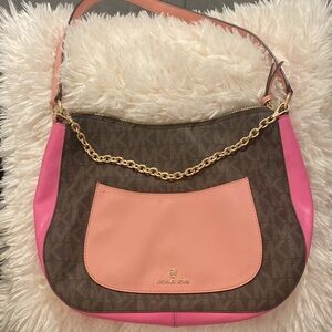 MICHAEL KORS Eden Signature Large Top Zip Hobo Shoulder Purse BROWN PINK